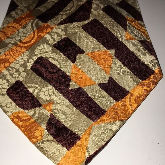 Vintage Gallieni Silk Neck Tie Made In Italy Tan/Gold/Brown Geometric Print - Picture 2 of 13